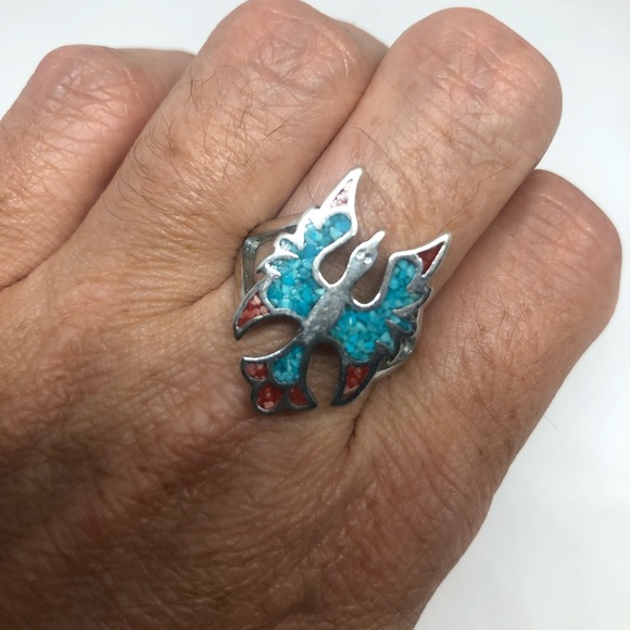 Vintage Thunderbird Ring Turquoise Coral Inlay - Picture 1 of 7